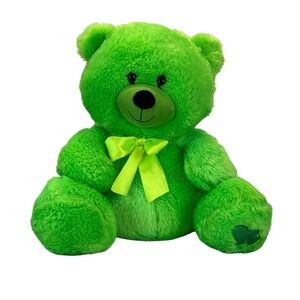 Walmart Candy Lime Green Bear Plush Large Stuffed Animal Bow Hearts on Foot